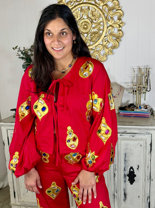 Queen of Sparkles Red & Gold Jeweled Ornament Tie Up Top