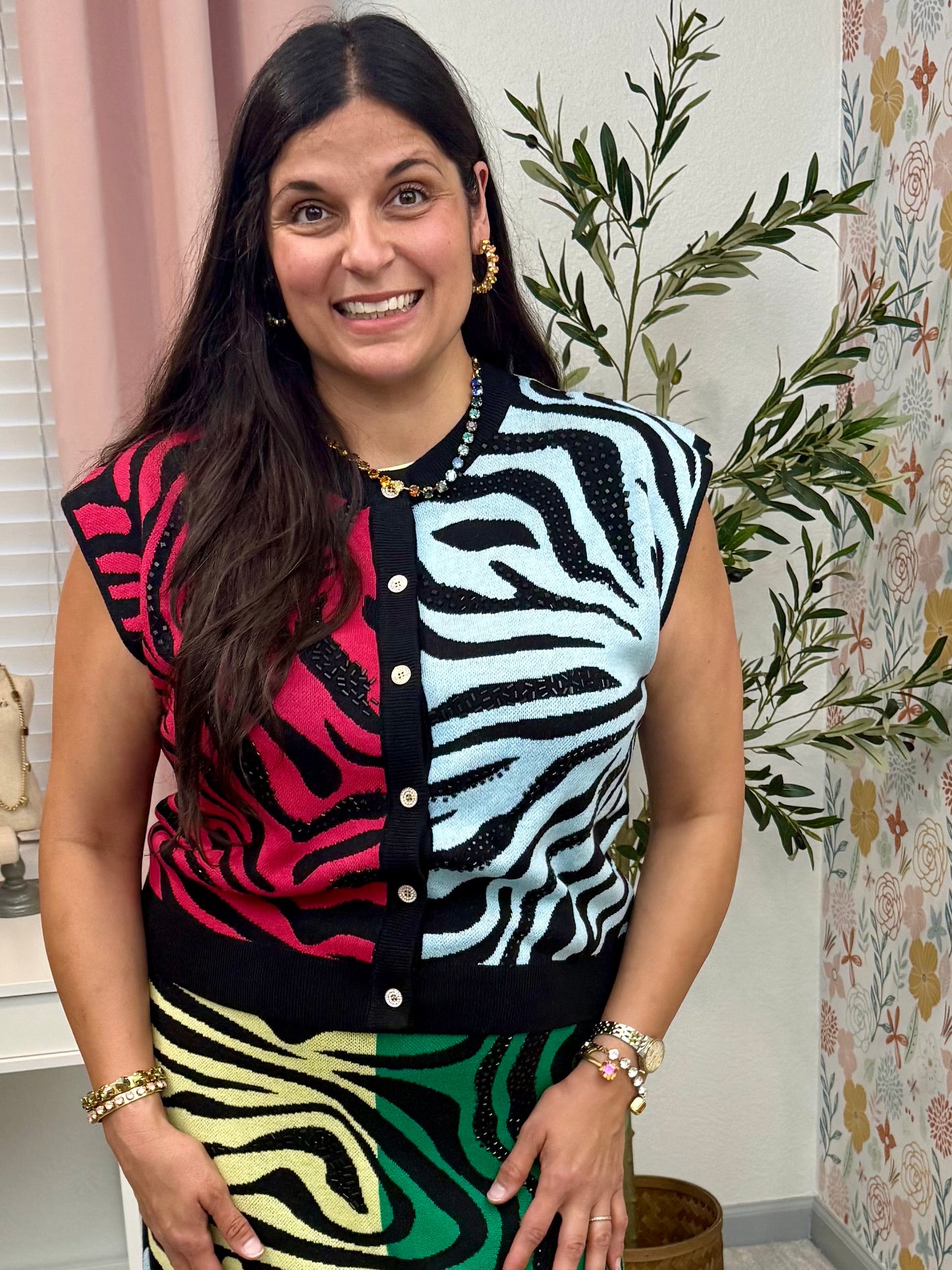 Queen of Sparkles Colorblock Tiger Knit Vest