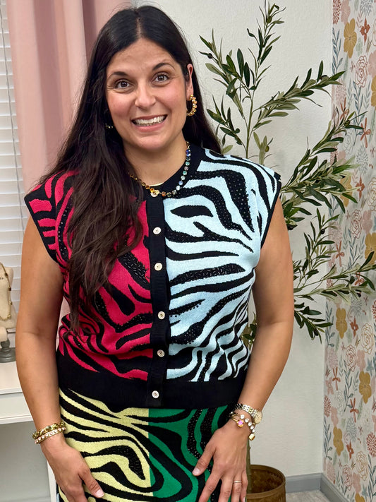 Queen of Sparkles Colorblock Tiger Knit Vest