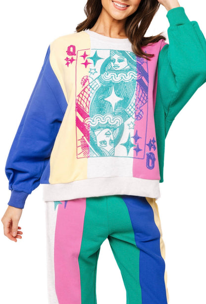 Queen of Sparkles Multi Colorblock Stripe Qos Card Logo Sweatshirt