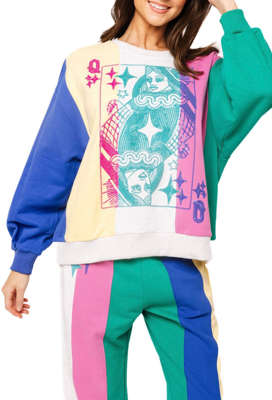 Queen of Sparkles Multi Colorblock Stripe Qos Card Logo Sweatshirt