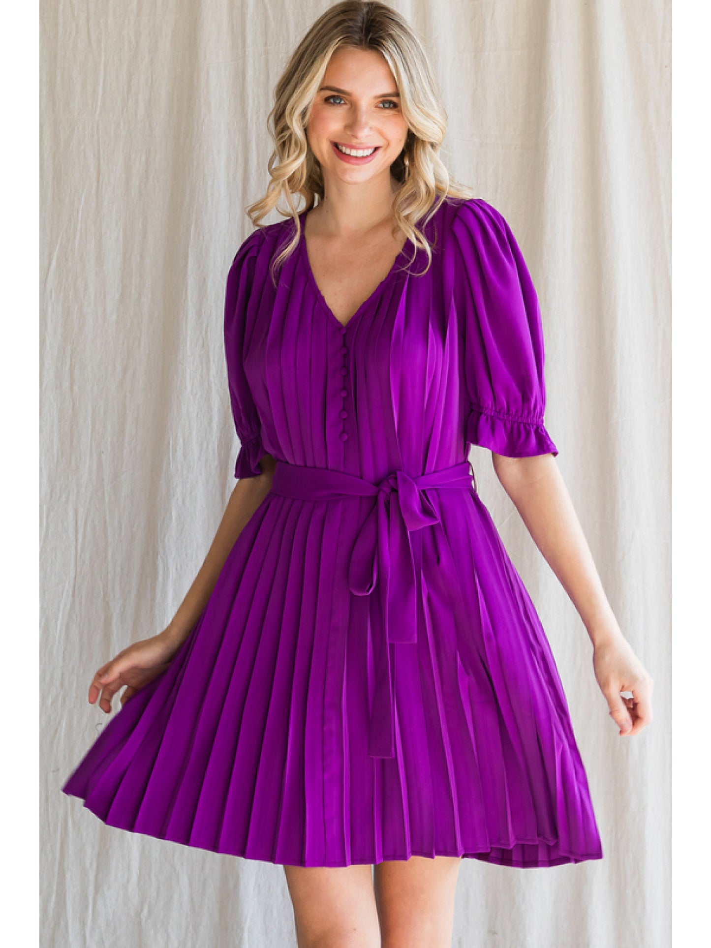 Purple Pleated Tie Waist Dress