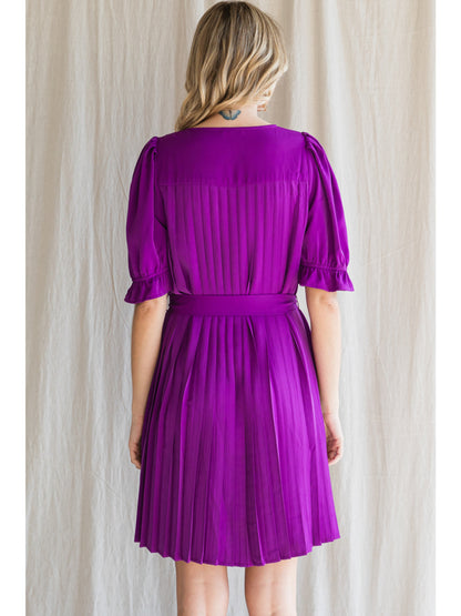 Purple Pleated Tie Waist Dress