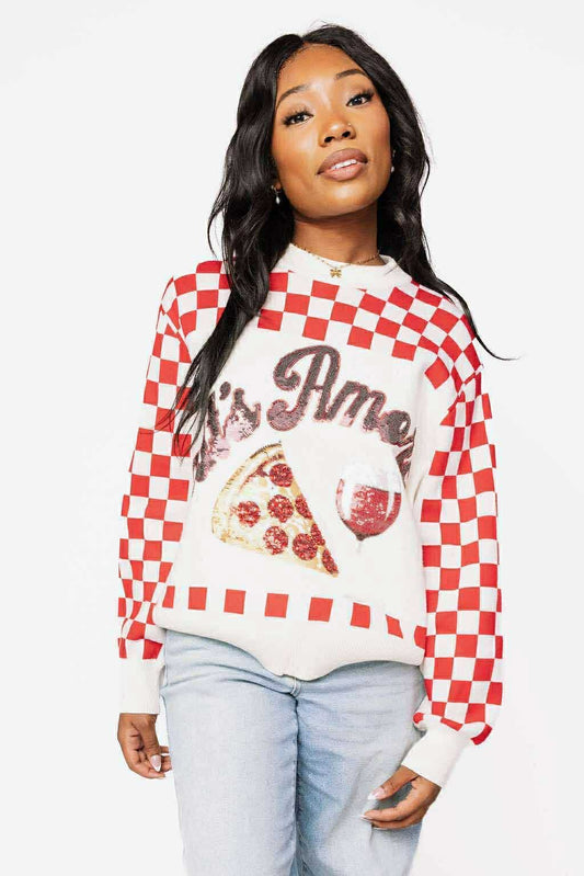 Queen of Sparkles Red & White Checkered Pizza & Wine Sweater