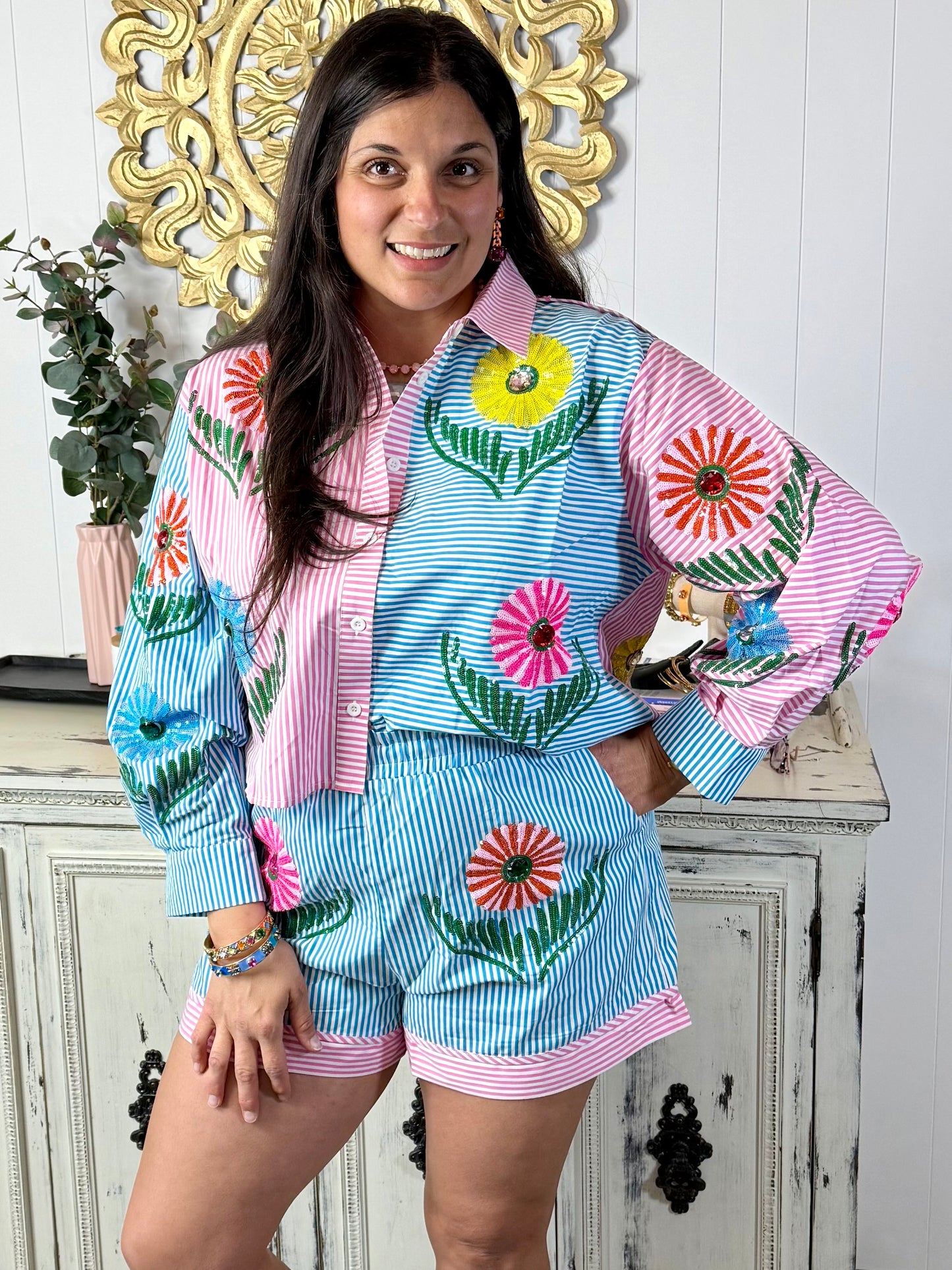 Queen of Sparkles Pink & Blue Striped Cinco Flowers Short