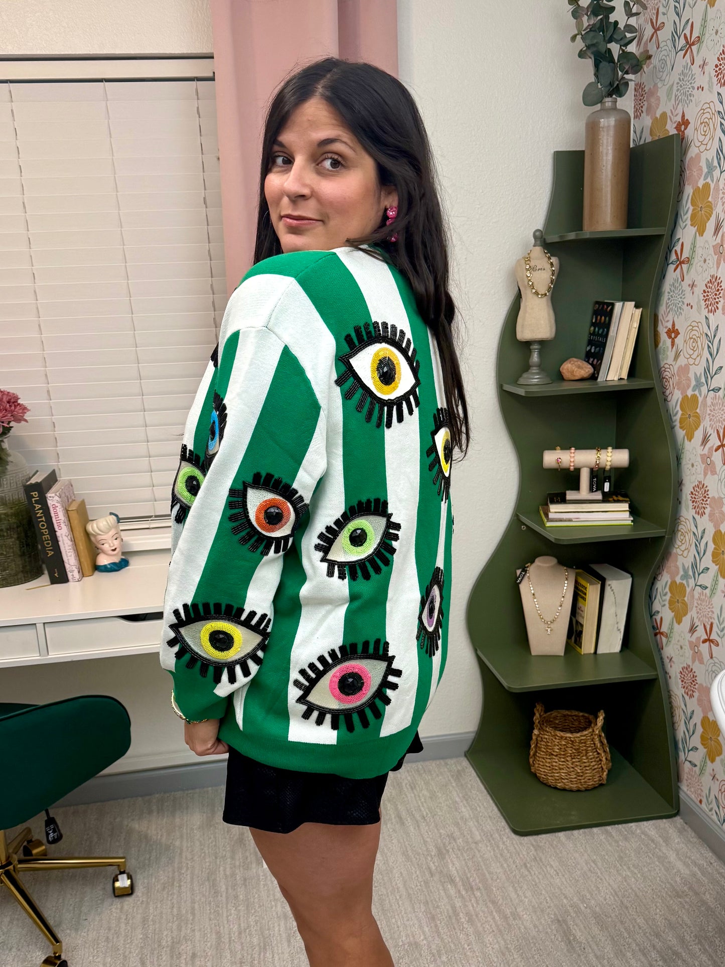 Queen of Sparkles Green & White Striped Multi Eye Sweater