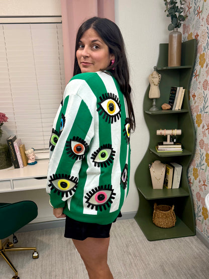 Queen of Sparkles Green & White Striped Multi Eye Sweater