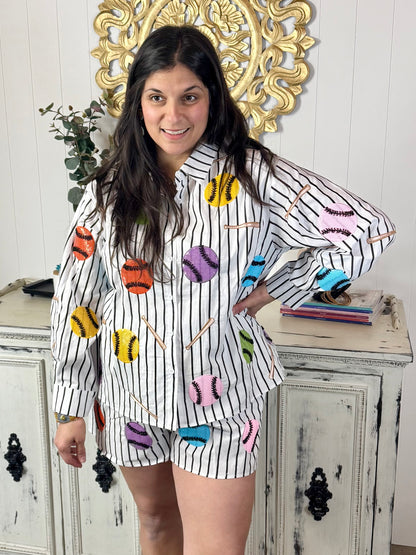 Queen of Sparkles Black & White Multi Baseballs & Bats Button Up Cotton Long Sleeve Top