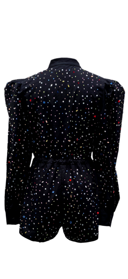 Queen of Sparkles Black Multi Scattered Rhinestone Romper