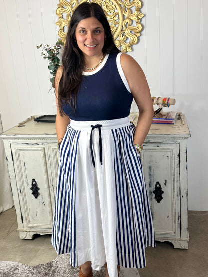 Blue Sleeveless Striped Midi Dress