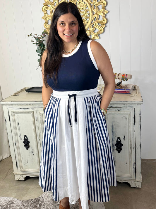 Blue Sleeveless Striped Midi Dress