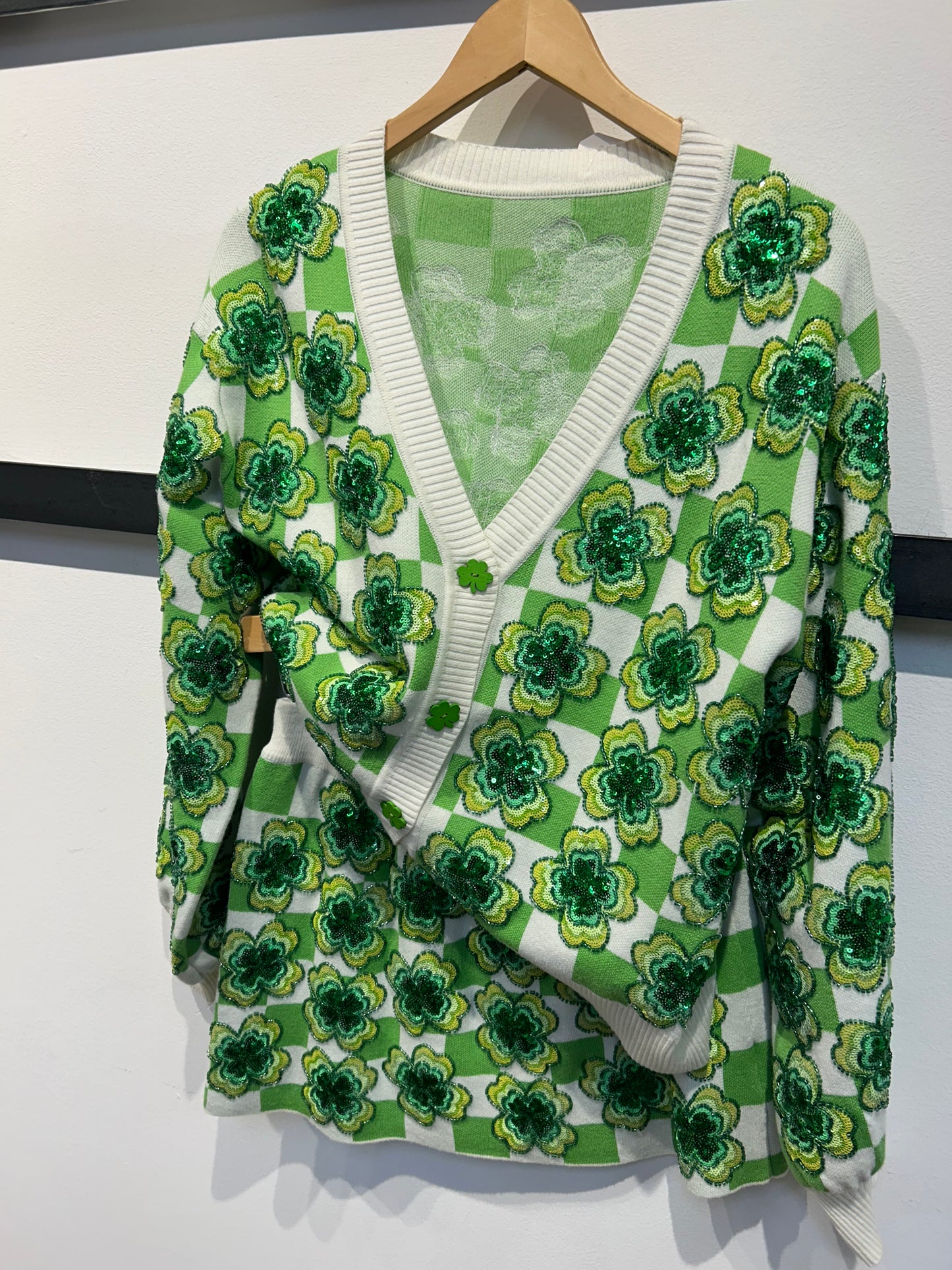 Queen of Sparkles Green & White Checkered Shamrock Cardigan