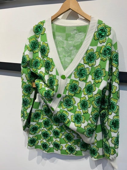 Queen of Sparkles Green & White Checkered Shamrock Cardigan