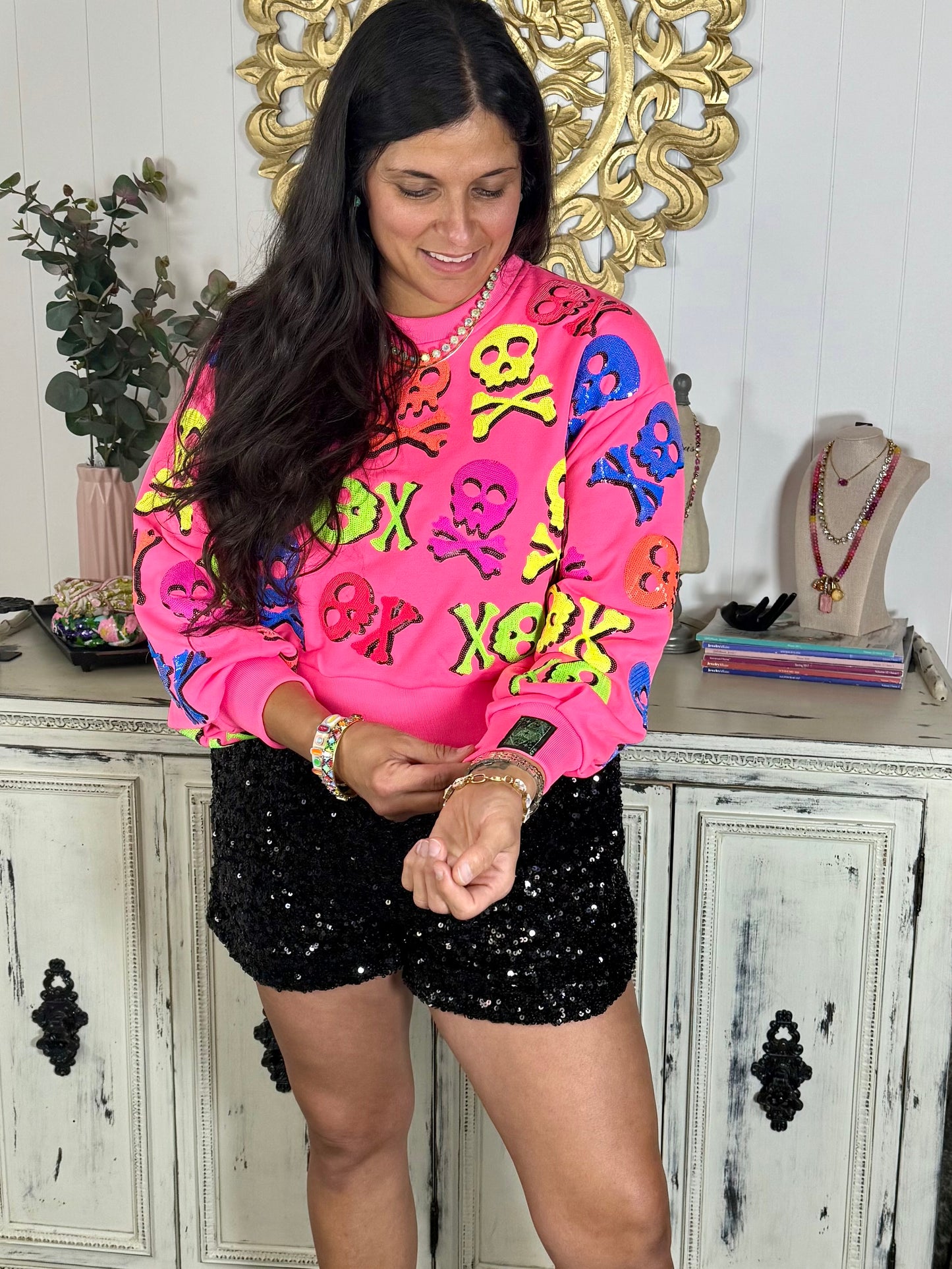 Queen of Sparkles Neon Pink Skull and Crossbone Sweatshirt