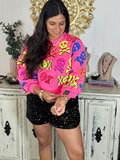 Queen of Sparkles Neon Pink Skull and Crossbone Sweatshirt