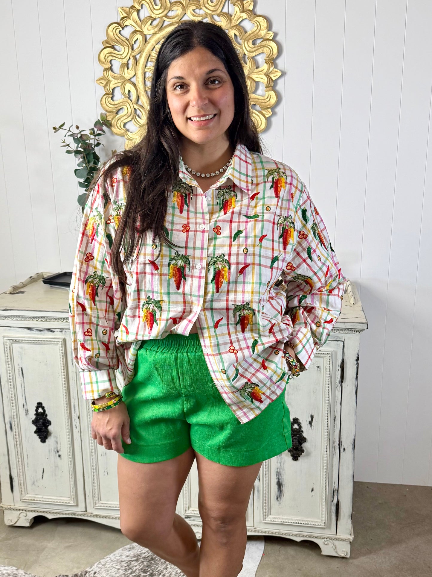 Queen of Sparkles Rainbow Plaid Chili Pepper Button Up Cotton Top