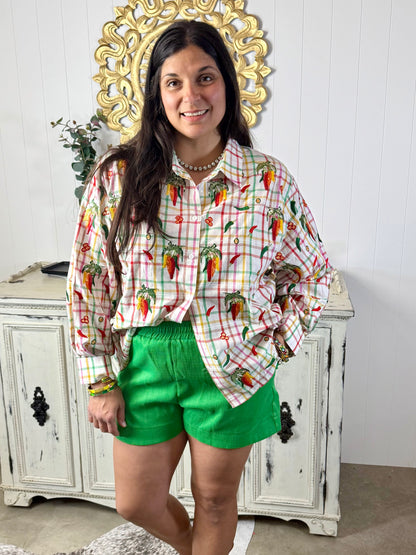 Queen of Sparkles Rainbow Plaid Chili Pepper Button Up Cotton Top