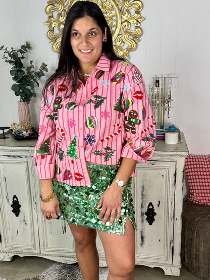 Queen of Sparkles Pink & Red Stripe Christmas Icon Top