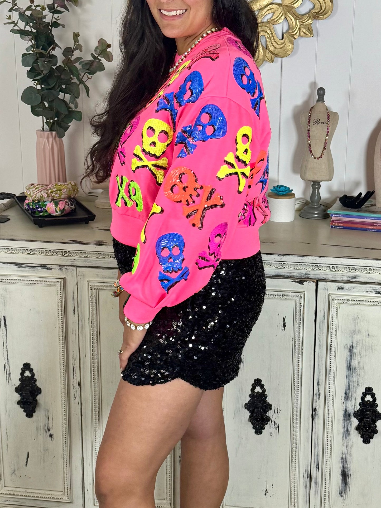 Queen of Sparkles Neon Pink Skull and Crossbone Sweatshirt