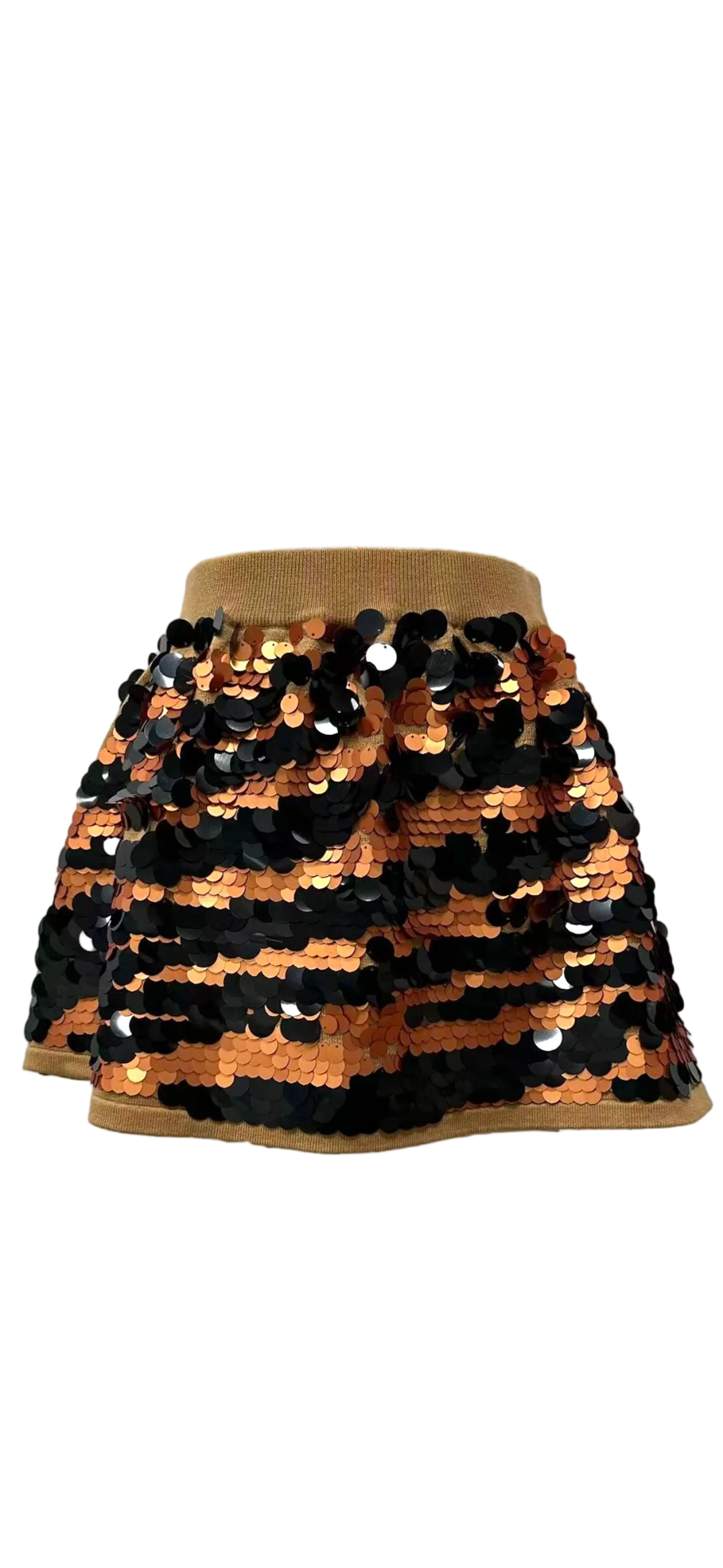 Queen of Sparkles Tan Sequin Pailette Tiger Knit Skirt