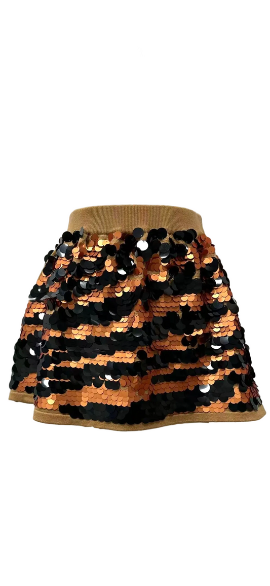 Queen of Sparkles Tan Sequin Pailette Tiger Knit Skirt