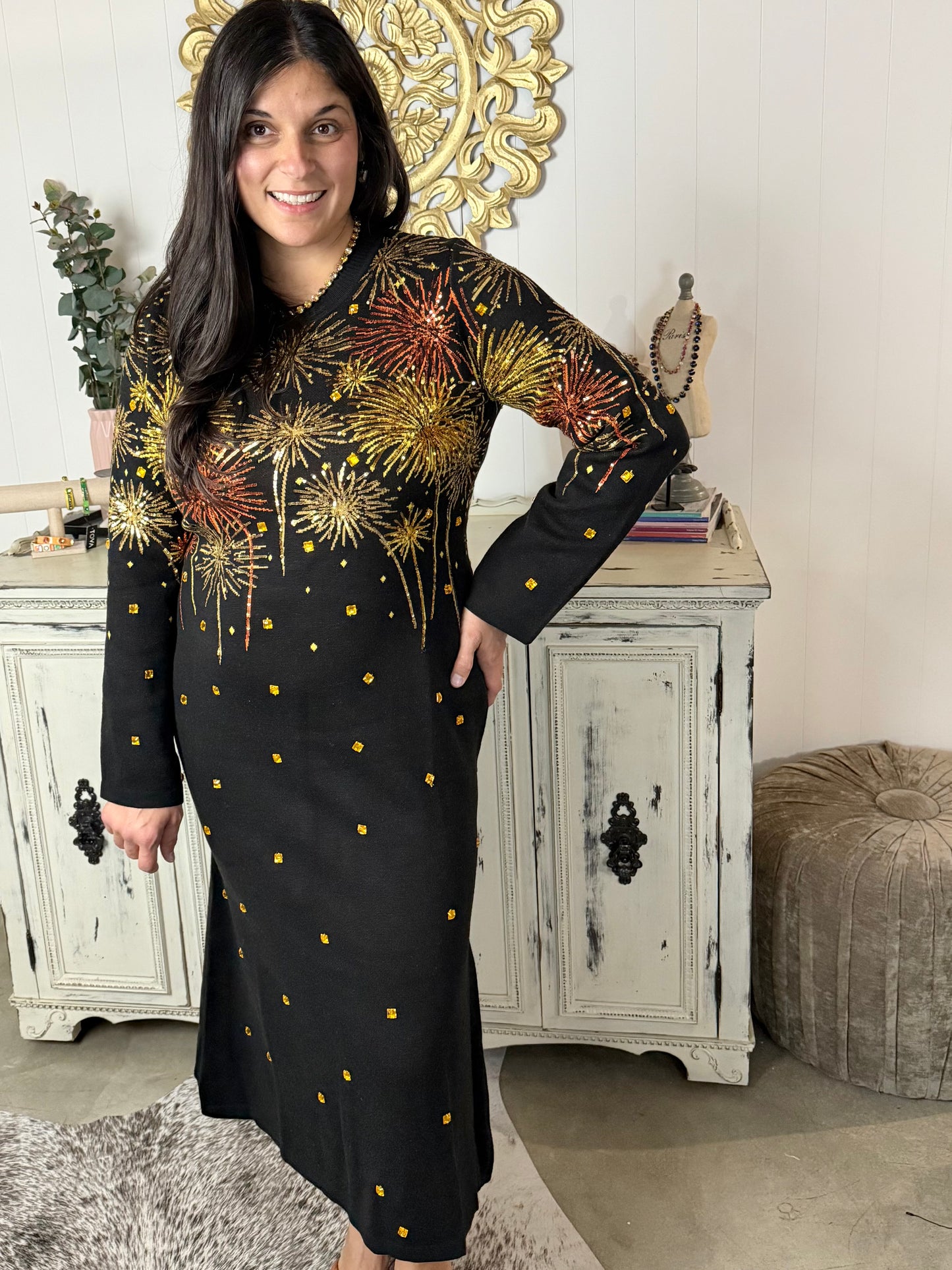 Queen of Sparkles Black & Mixed Metals Firework Midi Sweater Dress