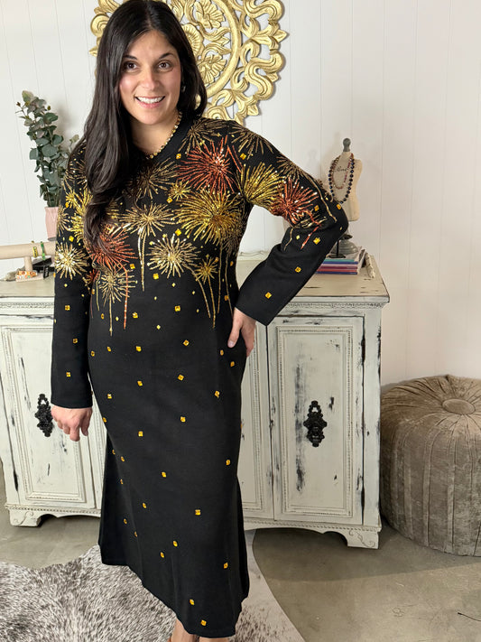 Queen of Sparkles Black & Mixed Metals Firework Midi Sweater Dress