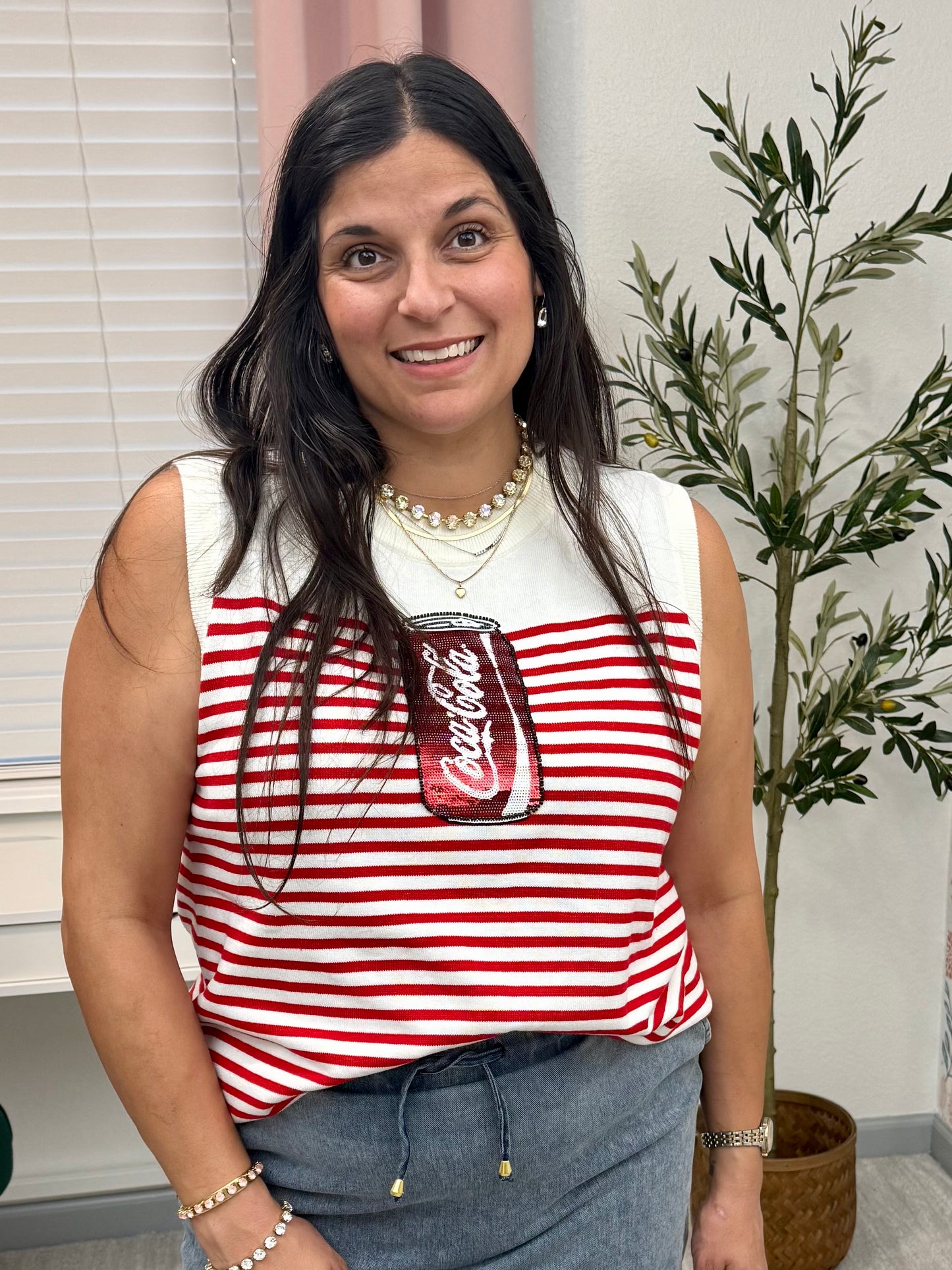 Queen of Sparkles Licensed White & Red Striped Coca Cola Can Knit Tank