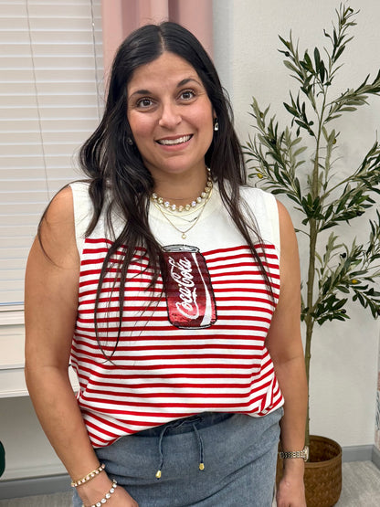 Queen of Sparkles Licensed White & Red Striped Coca Cola Can Knit Tank
