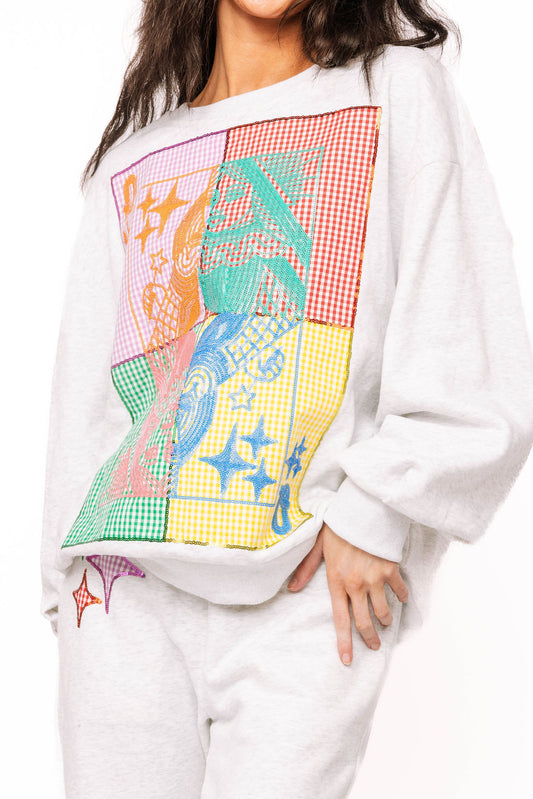 Queen of Sparkles Grey Colorblock Gingham Qos Card Logo Sweatshirt