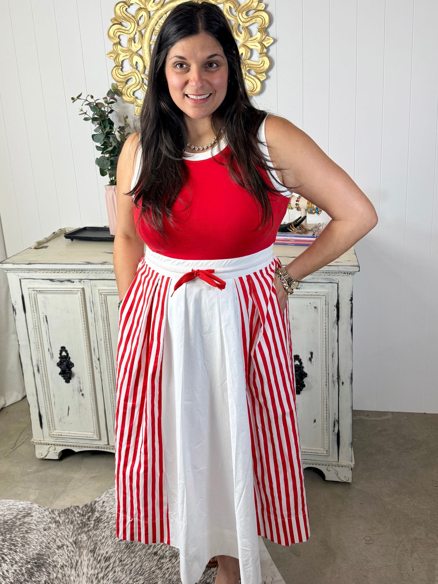 Red Sleeveless Striped Midi Dress