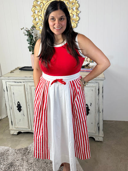 Red Sleeveless Striped Midi Dress