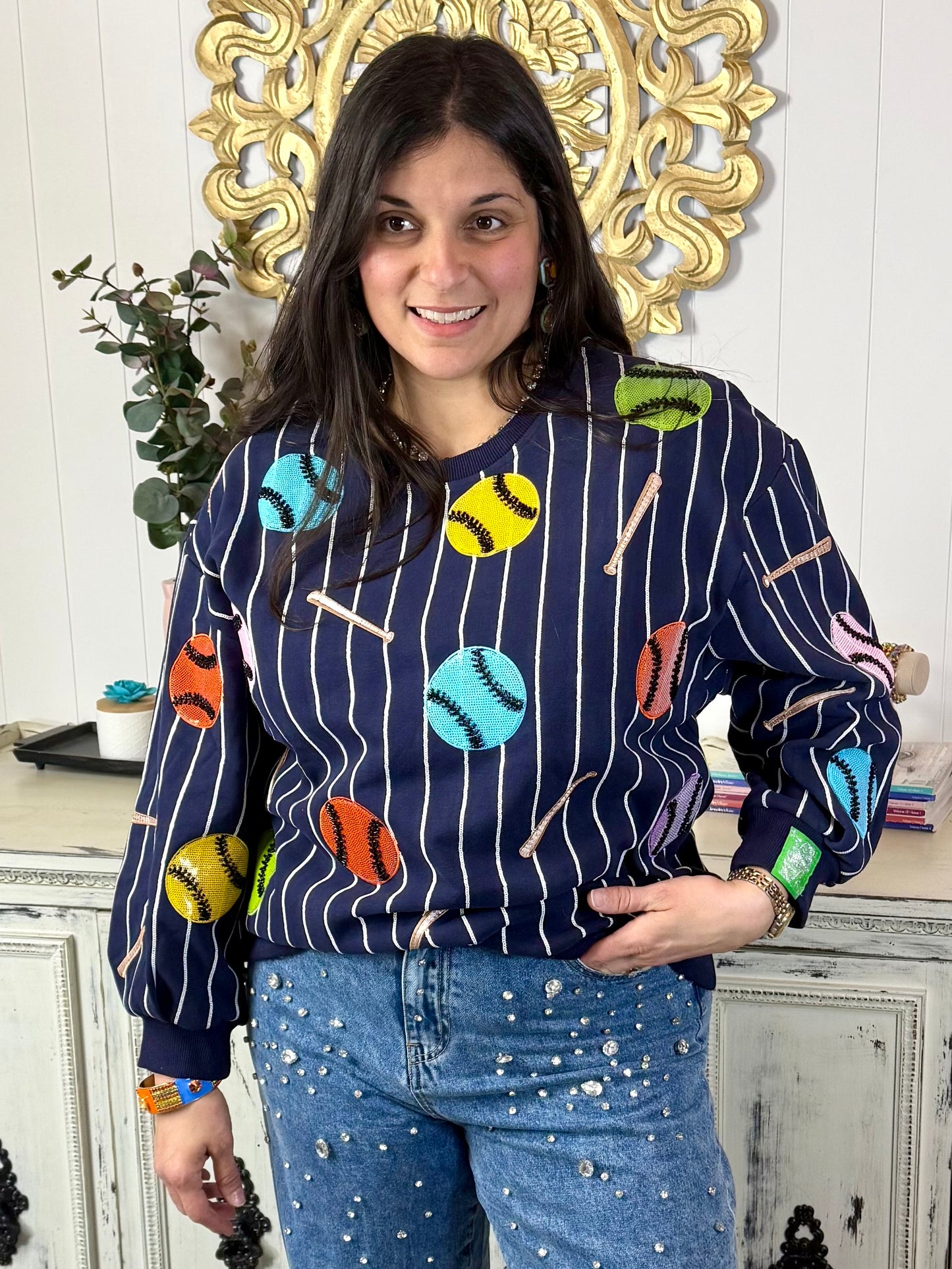 Queen of Sparkles Striped Multi Baseball & Bat Sweatshirt