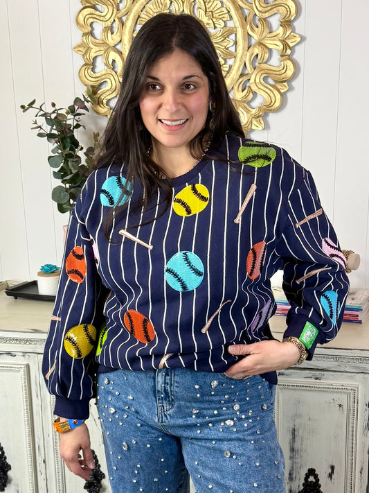 Queen of Sparkles Striped Multi Baseball & Bat Sweatshirt