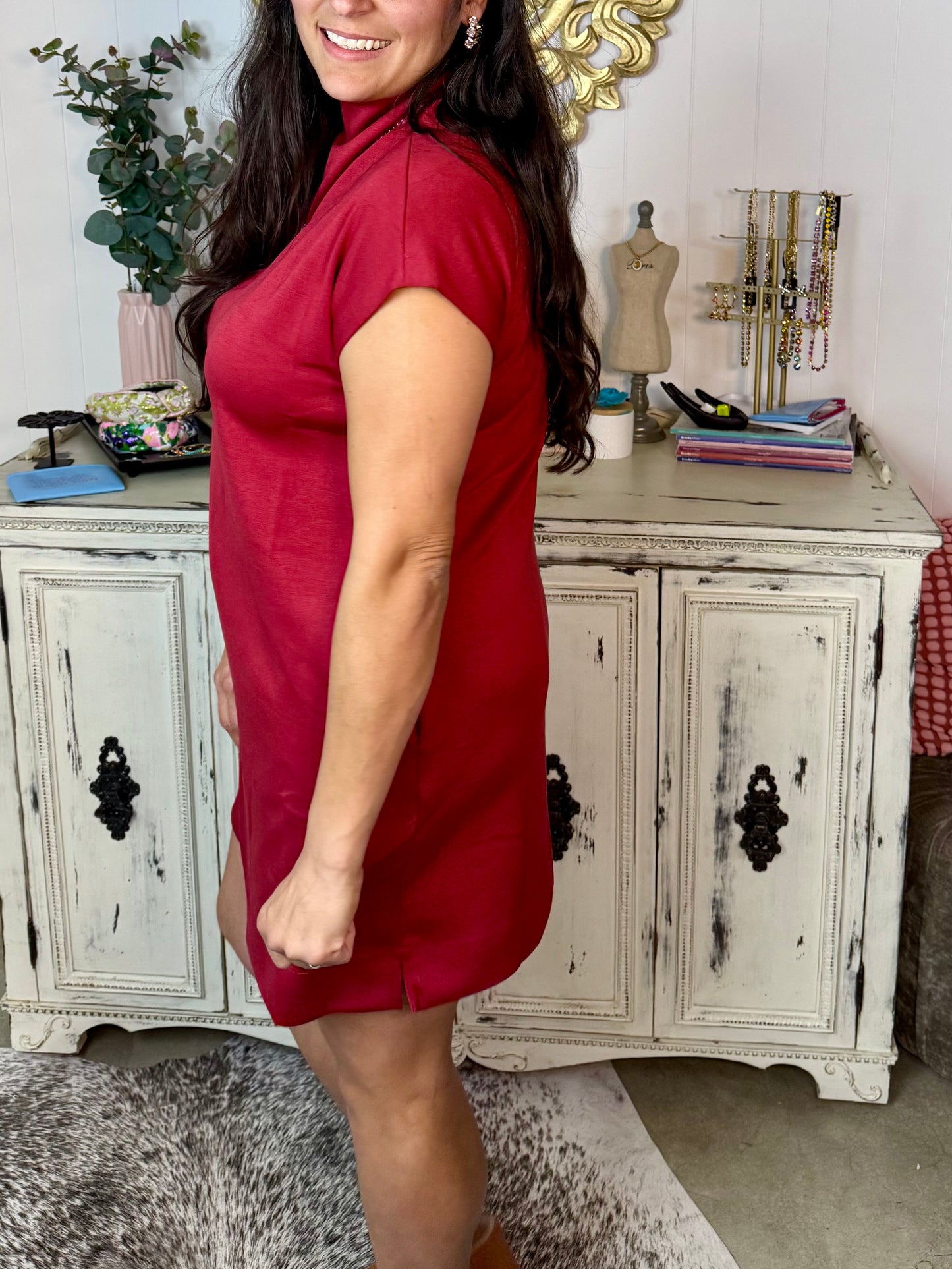 Brick Solid Jersey Mock Neck Pullover Dress