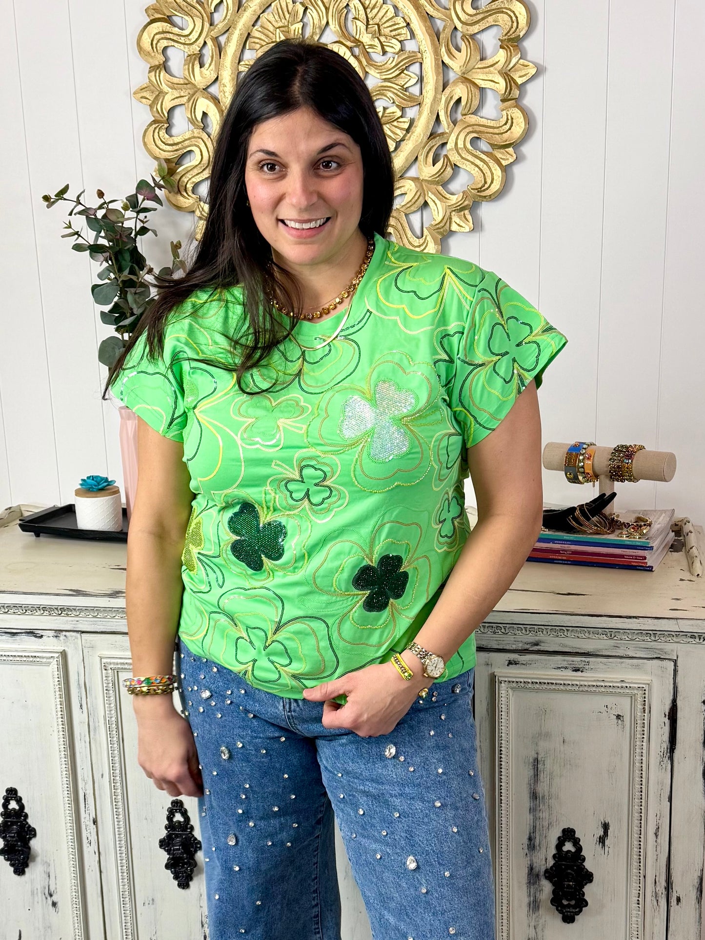 Queen of Sparkles Green Groovy Shamrock Tee