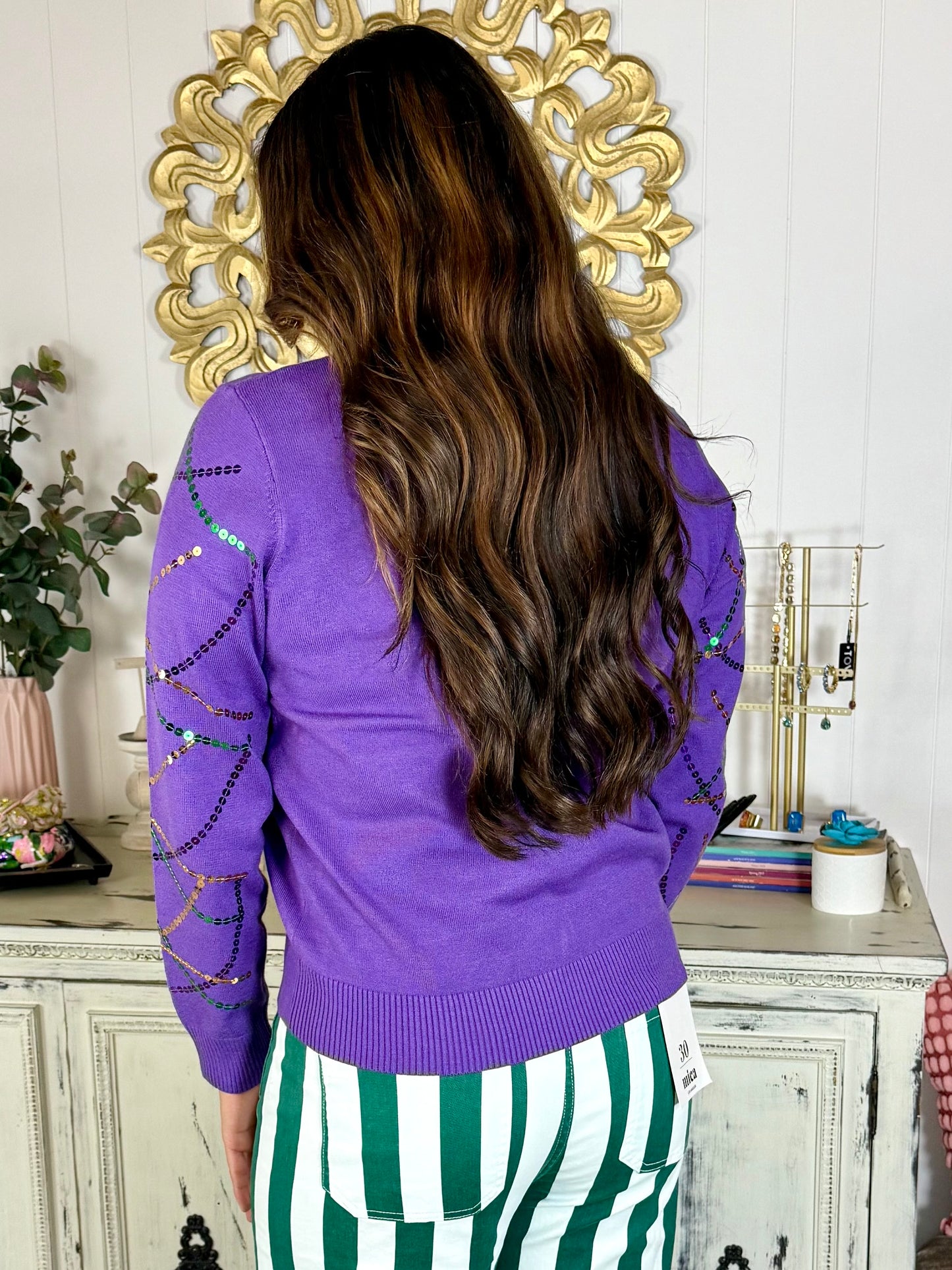 Mardi Gras Bead Sequin Sweater