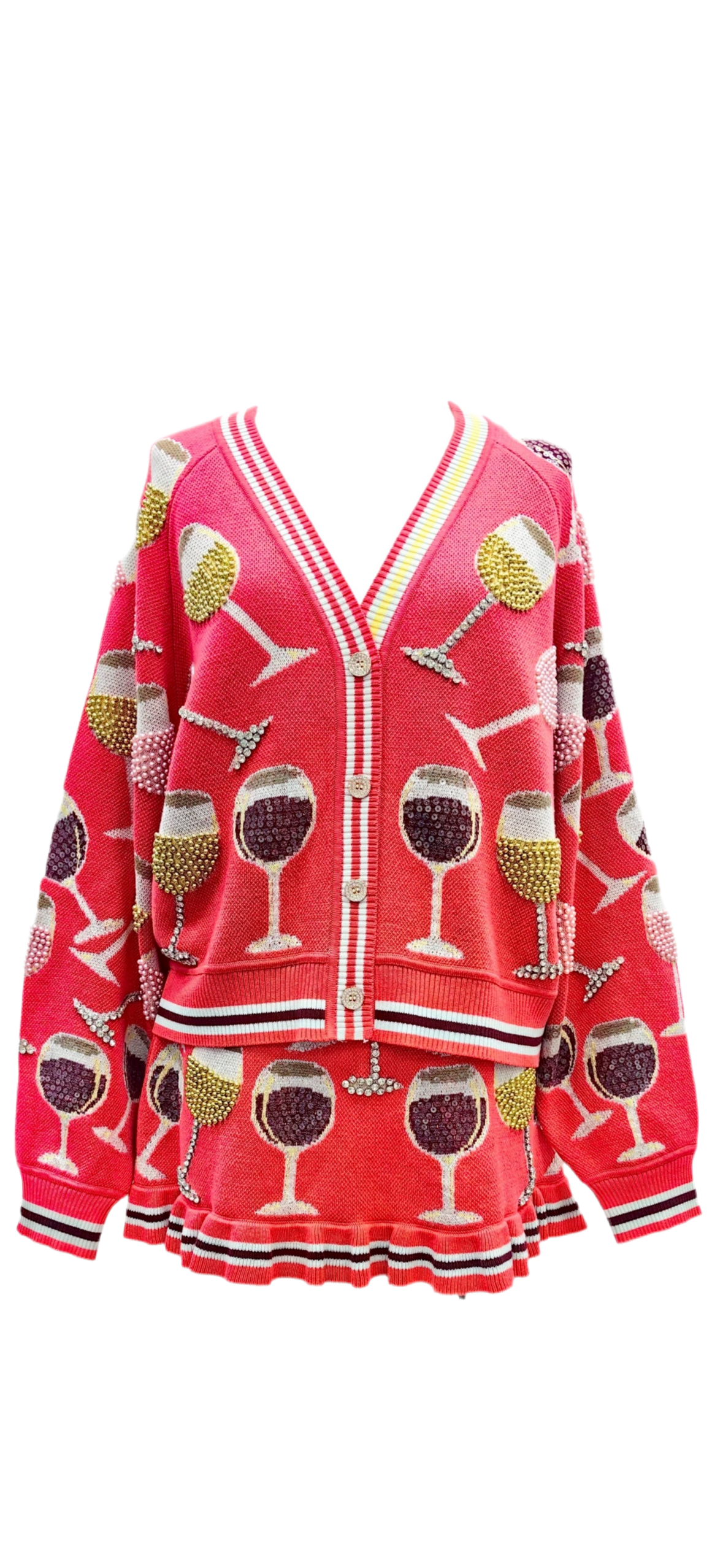 Queen of Sparkles Coral Wine Glasses Knit Cardigan