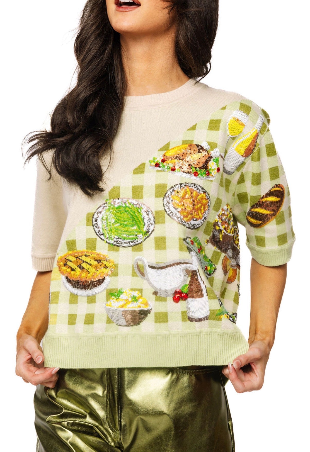 Queen of Sparkles Ivory & Green Gingham Colorblock Thanksgiving Meal Knit Top