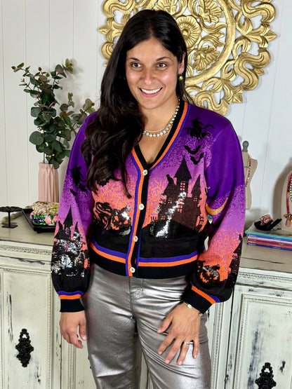 Queen of Sparkles Purple Halloween Scene Cardigan