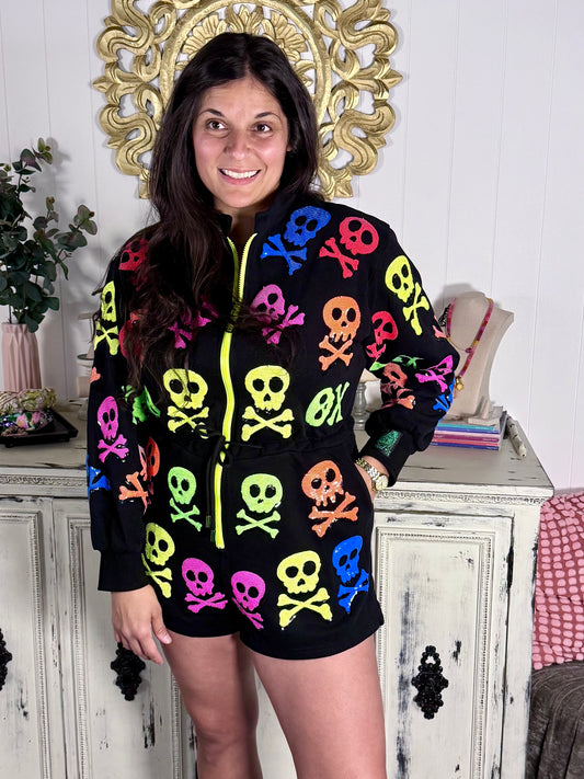 Queen of Sparkles Neon Skull and Cross Bones Romper