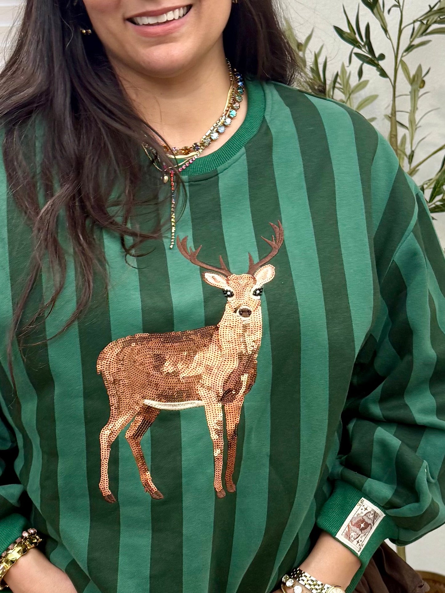 Queen of Sparkles Green Striped Deer Sweatershirt