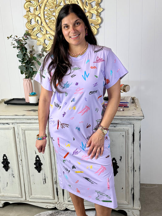 Queen of Sparkles Lavender Multi Crayon Scribble Midi Tee Dress