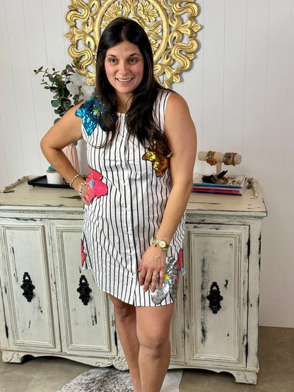 Queen of Sparkles White and Black Striped Oversized Flower Dress