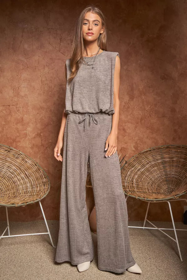 Gray Velvet Textured High-Rise Wide Leg Pants