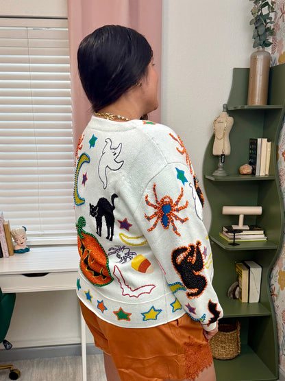 Queen of Sparkles Ivory Halloween Icon Button Up Cardigan