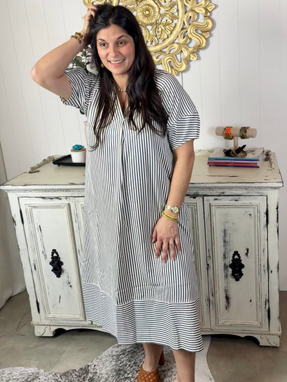 Indigo Striped Seersucker Dress