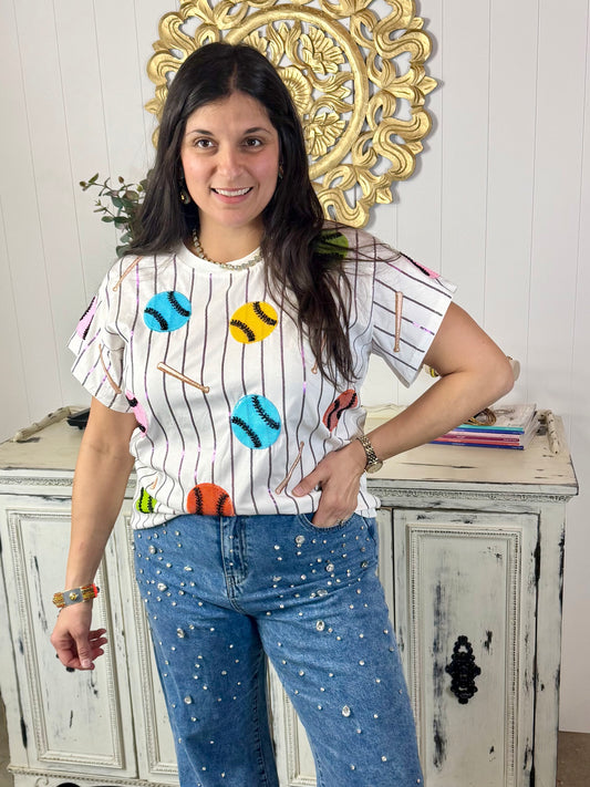 Queen of Sparkles Striped Multi Baseball & Bat Tee