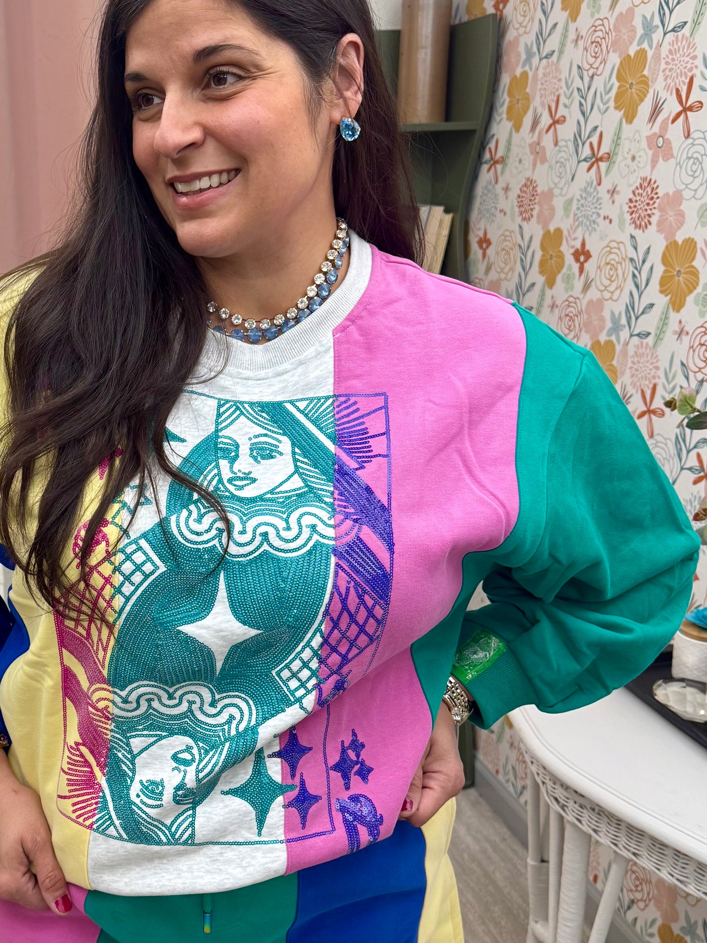 Queen of Sparkles Multi Colorblock Stripe Qos Card Logo Sweatshirt