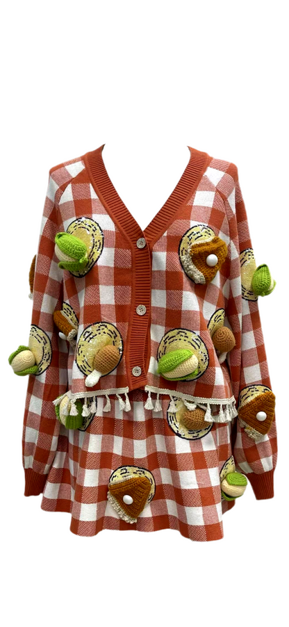 PRE ORDER Queen of Sparkles Orange Checkered Thanksgiving Food Cardigan